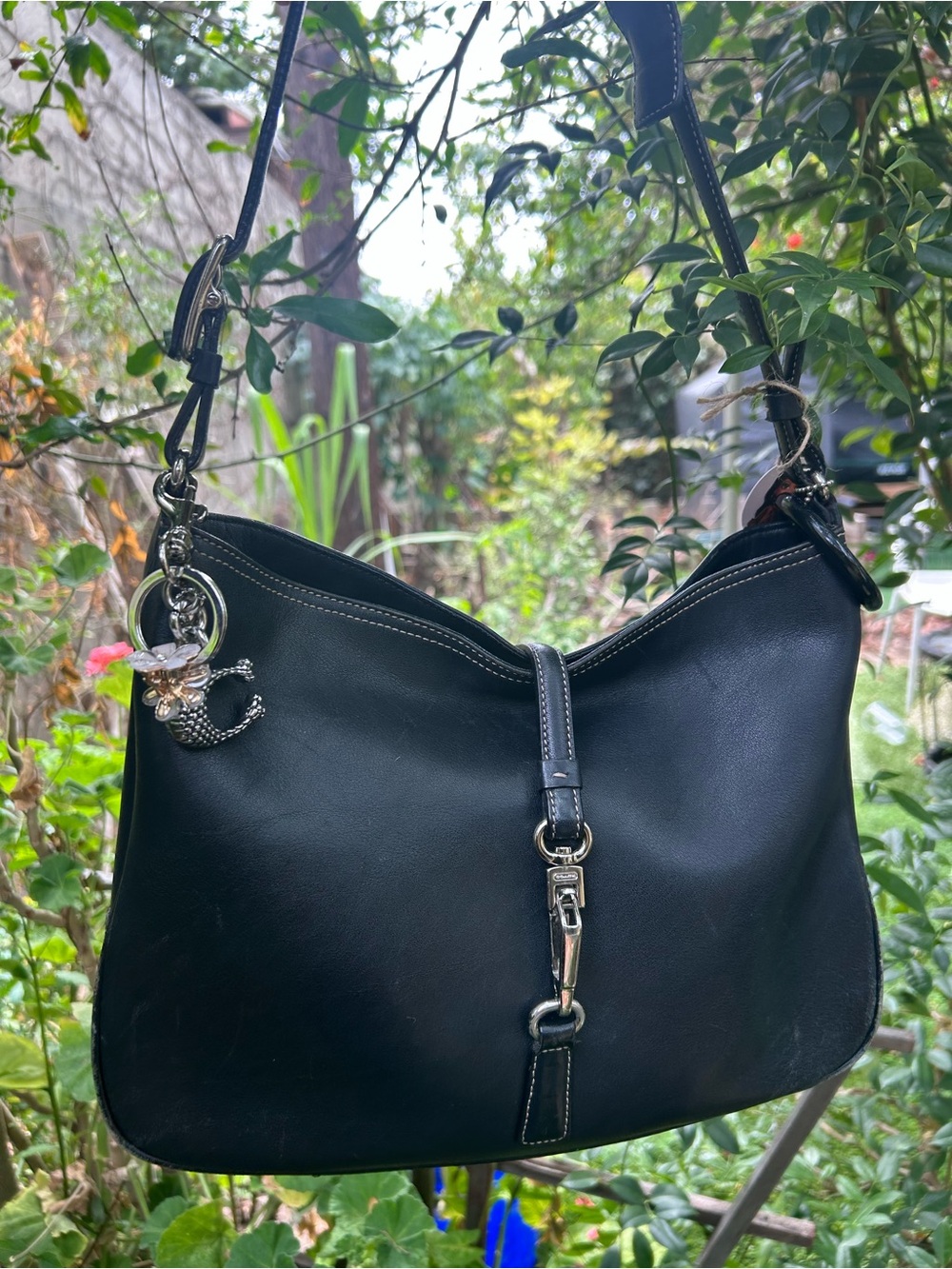 Classic Black Coach Leather Shoulder Bag with Silver Hardware